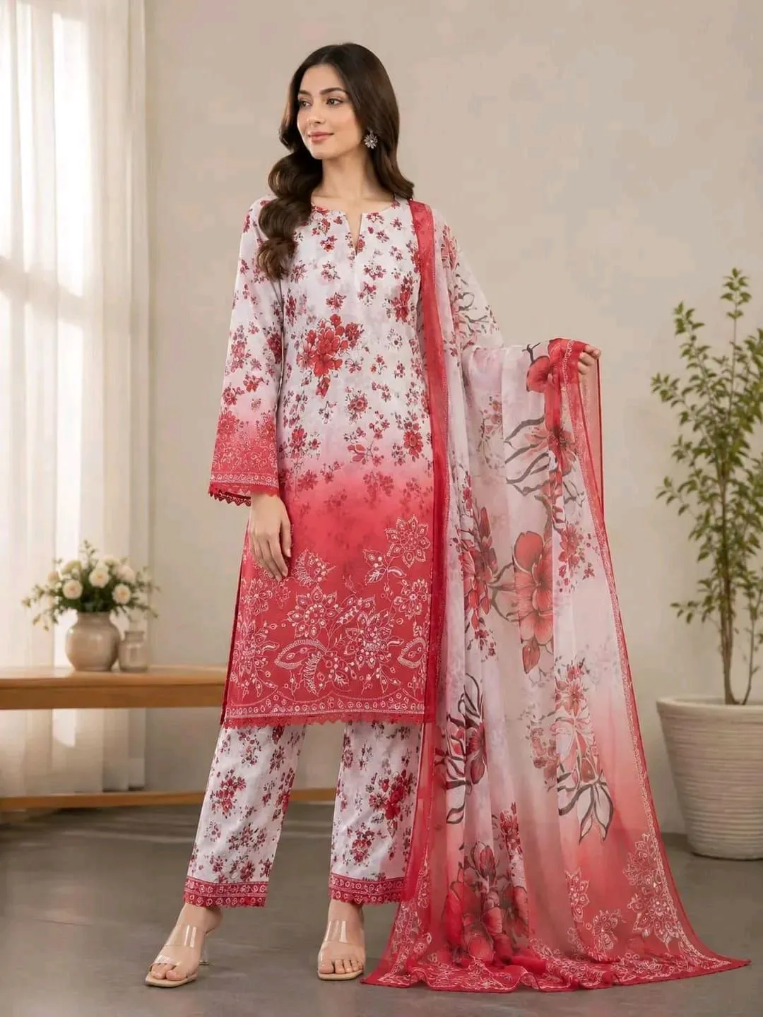 *Product Name*: Red Printed Lawn 3Pcs Women Suit Set
*Product Description*: 
*Product Details*:Shirt Fabric: Lawn
Pattern: Printed
Daman: Embroidered
Trouser Fabric: Lawn
Trouser Pattern: Printed
Dupatta Fabric: Lawn
Number Of Pieces: 3 Pcs
Package Includ