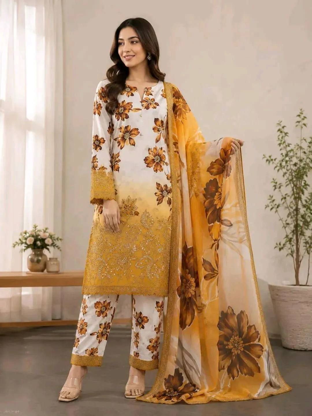 *Product Name*: Orange Printed Lawn 3Pcs Women Suit Set
*Product Description*: 
*Product Details*:Shirt Fabric: Lawn
Pattern: Printed
Daman: Embroidered
Trouser Fabric: Lawn
Trouser Pattern: Printed
Dupatta Fabric: Lawn
Number Of Pieces: 3 Pcs
Package Inc