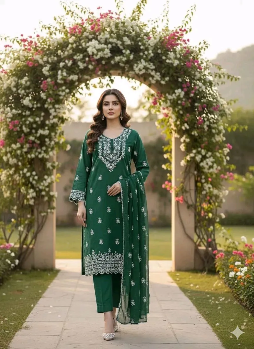 *Product Name*: Green Handwork Chiffon Suit for Women
*Product Description*: This stunning green handwork suit is perfect for any occasion, from weddings to daily wear, offering both elegance and comfort for Pakistani women. The delicate embroidery on the