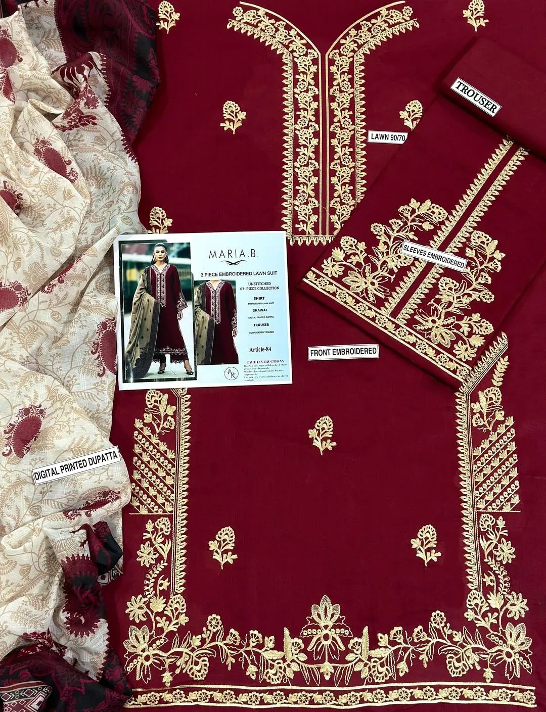 •  Shirt Fabric: Lawn •  Pattern: Embroidered •  Shirt Front Pattern: Embroidered •  Neckline: Embroidered •  Sleeves Pattern: Embroidered •  Daman: Embroidered •  Shirt Back Pattern: Plain •  Trouser Fabric: Lawn •  Trouser Pattern: Plain •  Dupatta Fabr