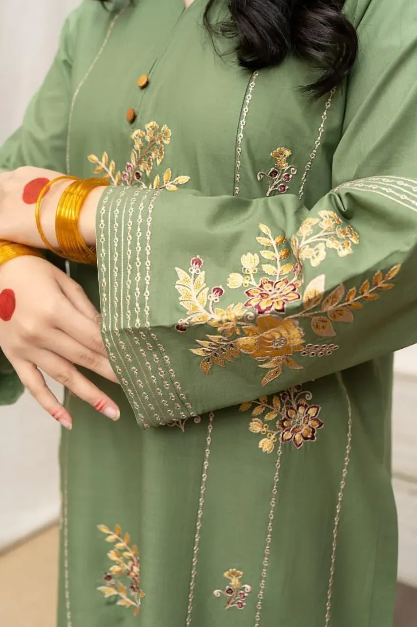 Shirt Fabric: Lawn •  Pattern: Embroidered •  Shirt Front Pattern: Embroidered •  Neckline: Embroidered •  Sleeves Pattern: Embroidered •  Daman: Embro idered •  Shirt Back Pattern: Plain •  Trouser Fabric: Lawn •  Trouser Pattern: Plain •  Dupatta Fabric