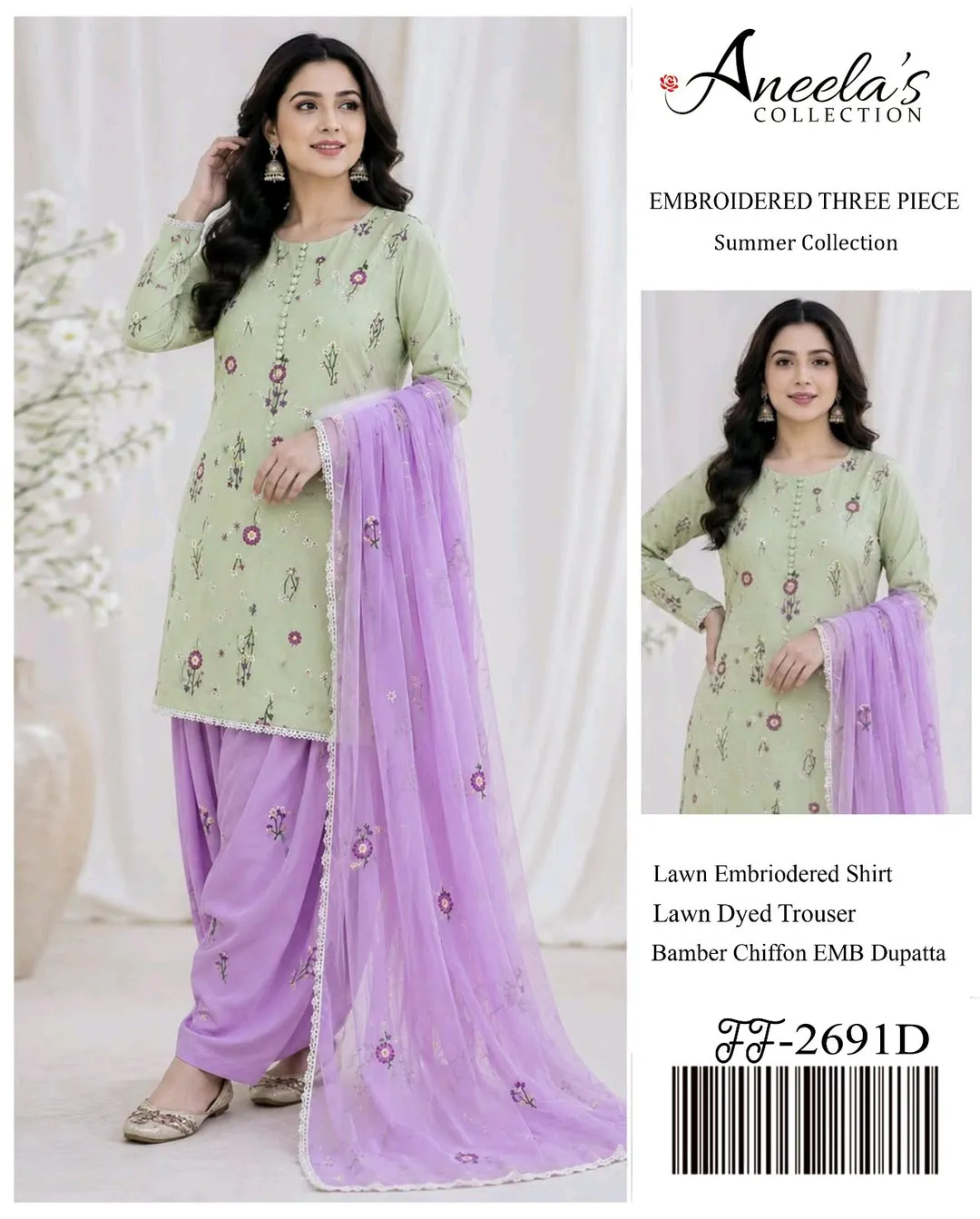 ✔️ Front Full Heavy Embroidered with thread 
✔️ Sleeves Heavy Embroidered 
✔️ Back Heavy Embriodery
✔️Bamber chiffon Embriodery dupatta with four side lace (ready to wear)
✔️ Trouser Embriodered on lawn
✔️ With Catalog & Bag

 _After Wash Guaranteed_
_Sam