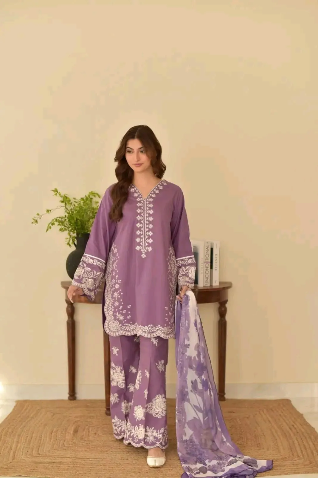 *Product Name*: 3 Pcs Women's Stitched Cotton Lawn Embroidered Suit
*Product Description*: 
*Product Details*:Fabric: Cotton Lawn
Pattern: Embroidered
Neck Type: Round Neck
Shirt Pattern: Embroidered
Trouser Fabric: Cotton Lawn
Trouser Pattern: Embroidere