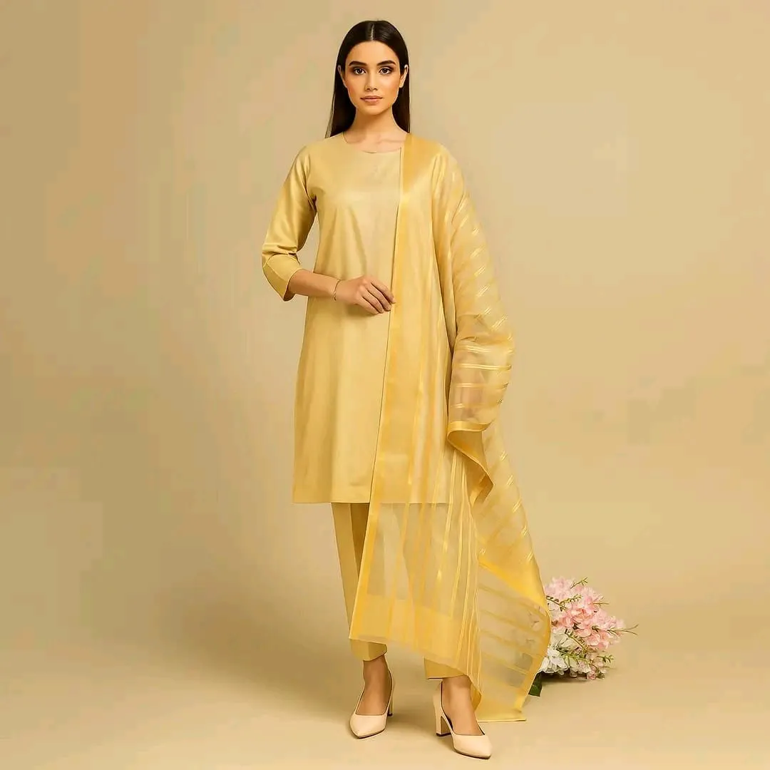 *Product Name*: 3 Pcs Women's Unstitched Plain Suit
*Product Description*: 
*Product Details*:Shirt Fabric: Katan Silk
Pattern: Plain
Trouser Fabric: Katan Silk
Trouser Pattern: Plain
Dupatta Fabric: Organza
Dupatta Pattern: Printed
Number Of Pieces: 3 Pc