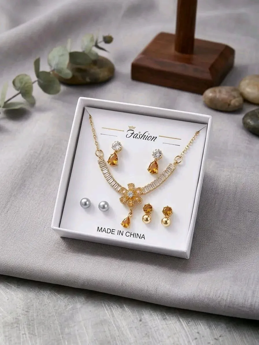 *Product Name*: Funky Gold Plated Crystal Necklace Set
*Product Description*: 
*Product Details*:Material: Alloy
Plating: Gold Plated
Stone: Crystal
Gender Type: Women
Product Design: Funky
Product Feature: Unique Design
Number Of Pieces: 5 Pcs
Color: Mul