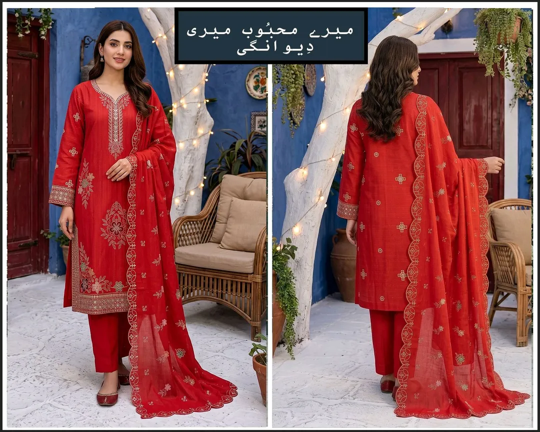 Women's Embroidered 3-Piece Suit – Elegant Lawn/Cotton Kameez with Scalloped Embroidered Dupatta