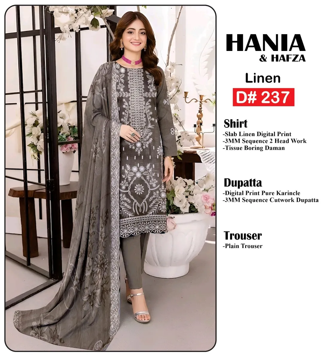 3-Piece Linen Suit – Digital Print with 3MM Sequence & Tissue Boring Daman
