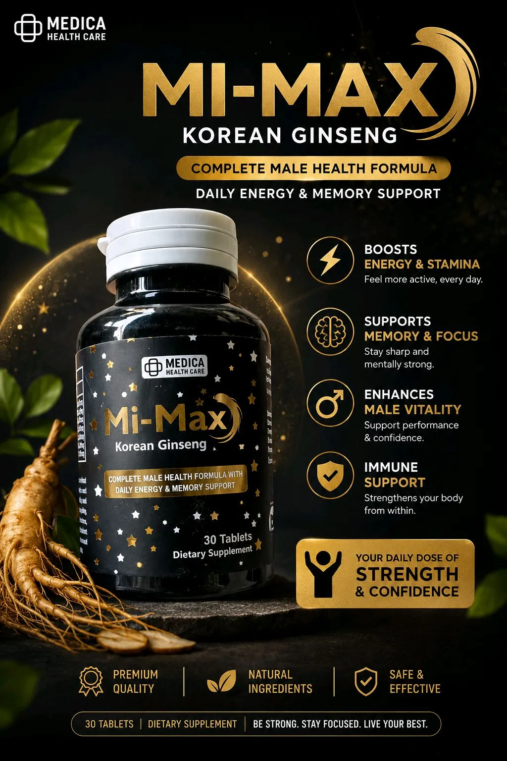 MI-MAX Korean Ginseng – Complete Male Health Formula | Energy, Stamina & Memory Support | 30 Tablets