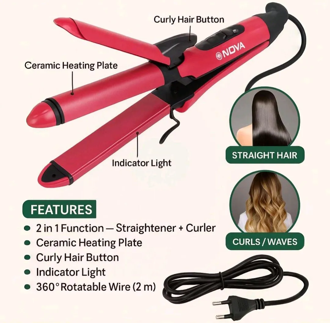 *✨ NOVA 2-in-1 Hair Tool*
*35 % off* 
*EID offer*
(💇‍♀️ Straightener + Curler)

🔹 *Ceramic Heating Plate*  
🔹 *Curly Hair Button*  
🔹 *Indicator Light*   
🔹 *360° Rotatable Wire (2m)*  🏎️🏎️
🔹 *For Straight Hair & Curls/Waves*

Bast Quality Price j