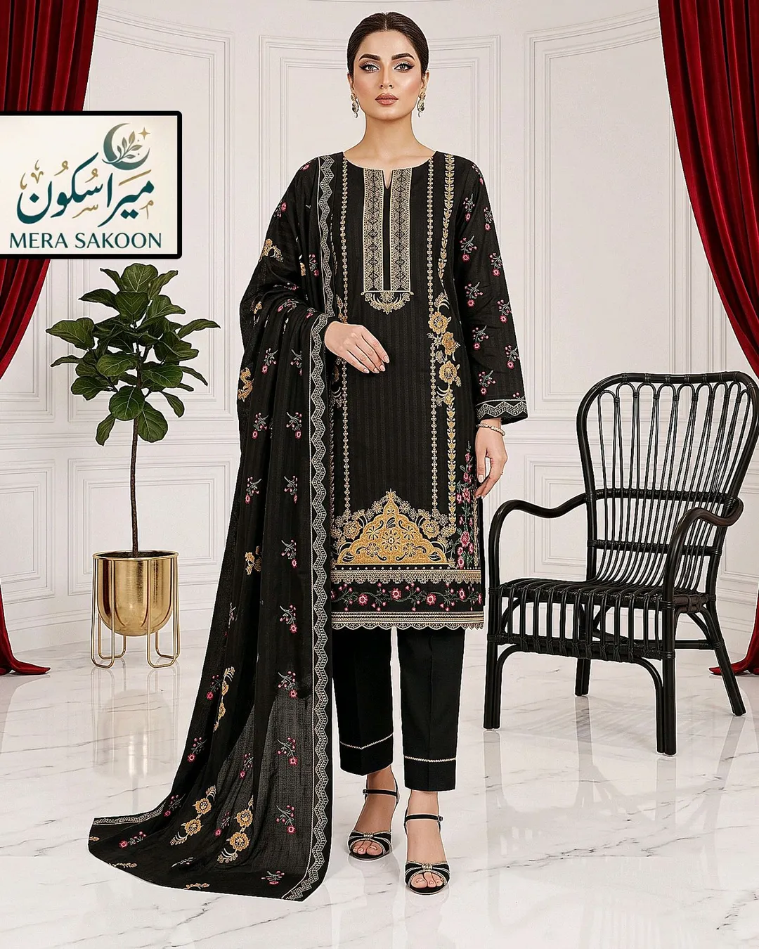 🖤 Mera Sakoon – Elegant Embroidered 3-Piece Suit