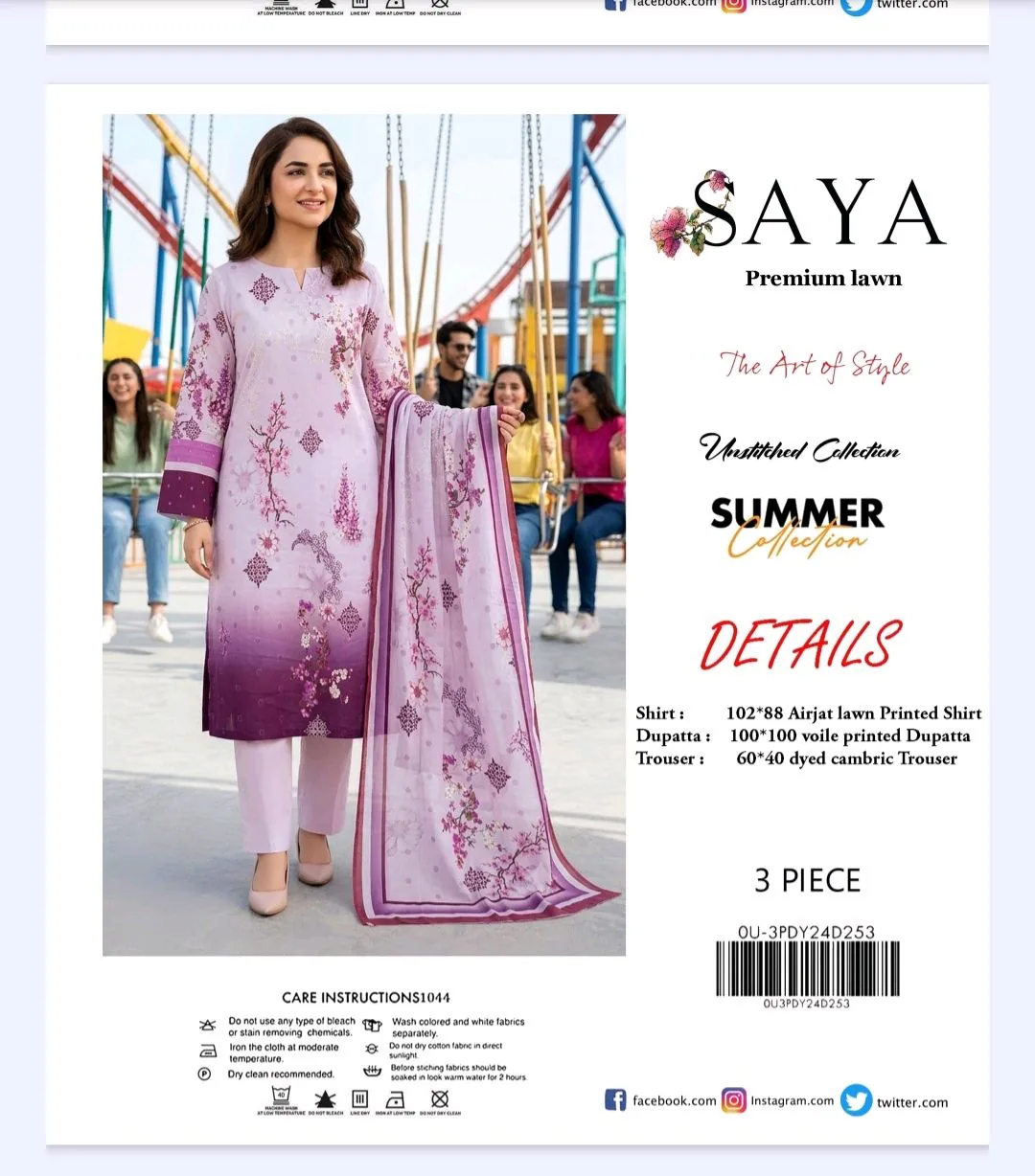 Branded 3-Piece Lawn by SAYA Brand