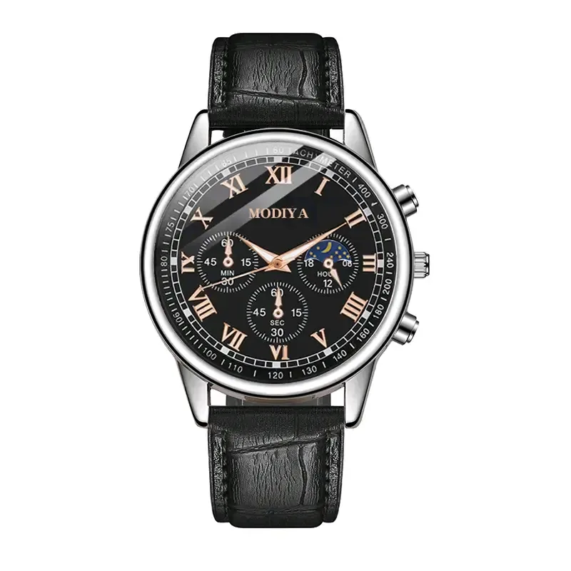 Men's Luxury Chronograph Watch with Black Leather Strap