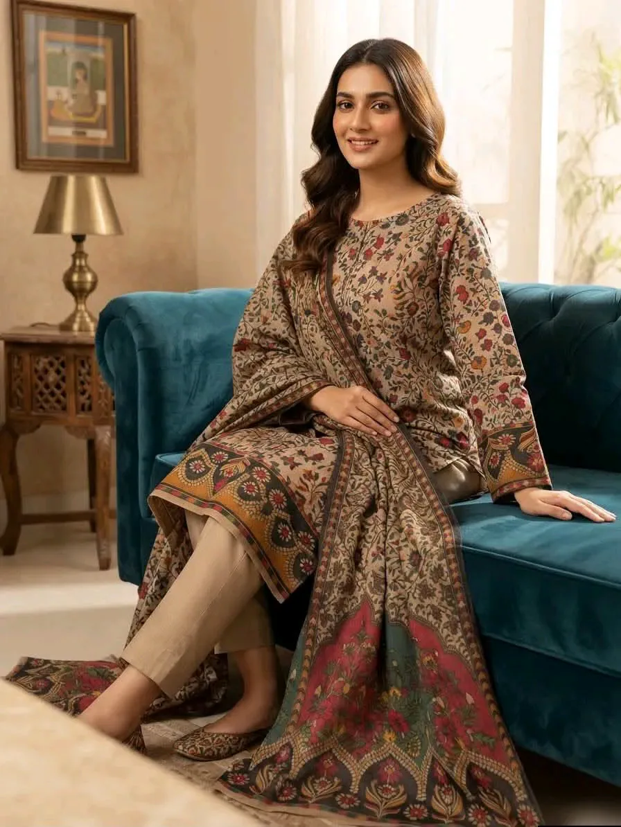 Shahida Textile Mill Brand Code 37**A Kalamkari Pashmina Wool 3 Piece Suit – 72 Grade
