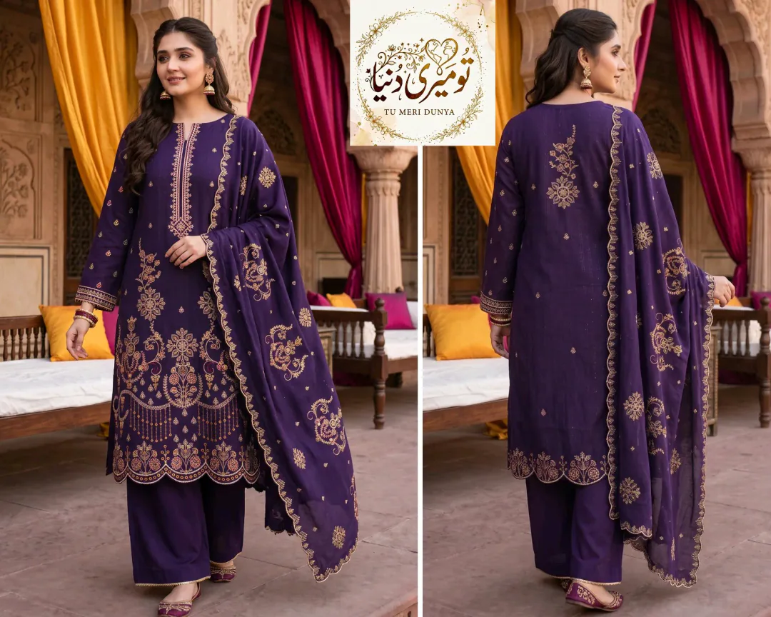 ​Abeeha Brand – Premium Unstitched Marina Suit with Embroidered Dupatta & Shirt