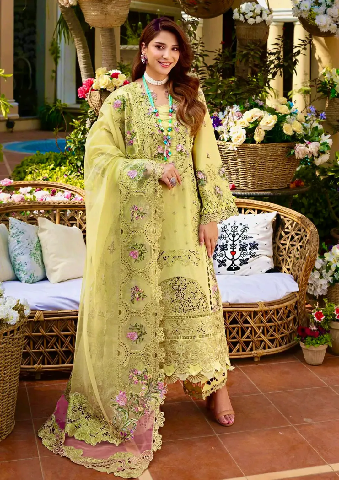 **ELAF 445*A Luxury Dhanak Chikankari Embroidered 3-Piece Unstitched Suit with Cutwork Shawl | MR Shah Collection**