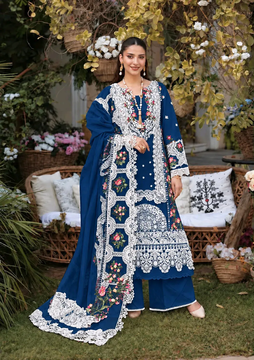 **ELAF 445*A Luxury Dhanak Chikankari Embroidered 3-Piece Unstitched Suit with Cutwork Shawl | MR Shah Collection**